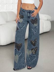 Jeanoix 女士低腰牛仔裤，新款时尚小众心形刺绣印花直筒宽松休闲裤，四季皆宜 - 深色水洗藍 - 查看 5