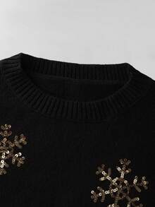 Franclia Gaun Sweater Rajut Lengan Panjang Pas Badan dengan Motif Kepingan Salju Berhiaskan Payet Emas Mewah, Gaya Serupa, Gaya Blogger Baru Eropa & Amerika. - Hitam - View 4