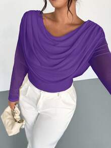 Firerie 大码女士优雅深V领长袖网纱透视修身性感T恤，适合情人节、音乐会、演出、约会、正式晚宴、舞会、婚礼季、性感、优雅、通勤、返校、度假、海滩、浪漫、职场女神、美人鱼风、生日派对等场合，紫色上衣 - 紫色 - 查看 7