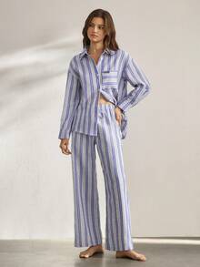 Ocili Women's Comfortable Cotton Striped Basic Casual Chic Autumn Easy Comfort Autumn Slumber Lounge Set, Winter Clothes - Blue and White - View 2