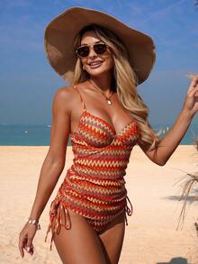 Swim Lushoire 新款彩色波浪肩带泳衣，性感抽绳显瘦坦克背心式泳装，时尚度假风 - 彩色 - 查看 3