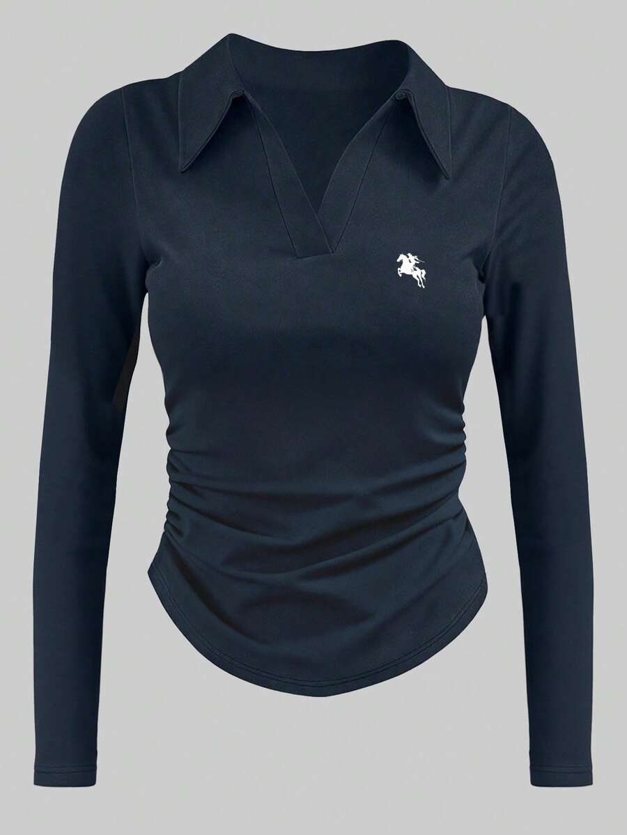 INAWLY Polo 领翻领女式骑士印花缩腰修身女式宝蓝色长袖 T 恤 - 寶藍色 - 查看 1