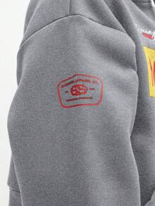 Áo hoodie dáng ngắn in họa tiết SUMWON New York International Studios với túi giữa, kiểu dáng thường ngày. - Xám - Xem 6