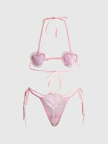 ROMWE Kawaii Women's Cute Valentine's Day Solid Heart Shaped Halter Tie Crotchless Lingerie Set - Pink - View 2