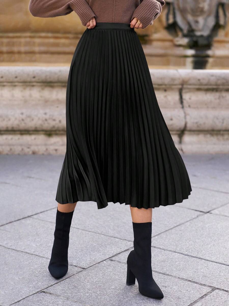 SHEIN Frenchy 女士优雅纯色百褶A字裙，适合通勤 - 黑色 - 查看 1