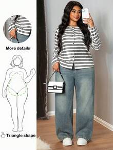 Truni Plus Size Women Striped Crew Neck Long Sleeve Single Breasted Casual T-Shirt,Fall Clothes For Women, For Pear Triangle Body Shape - Multicolor - View 1
