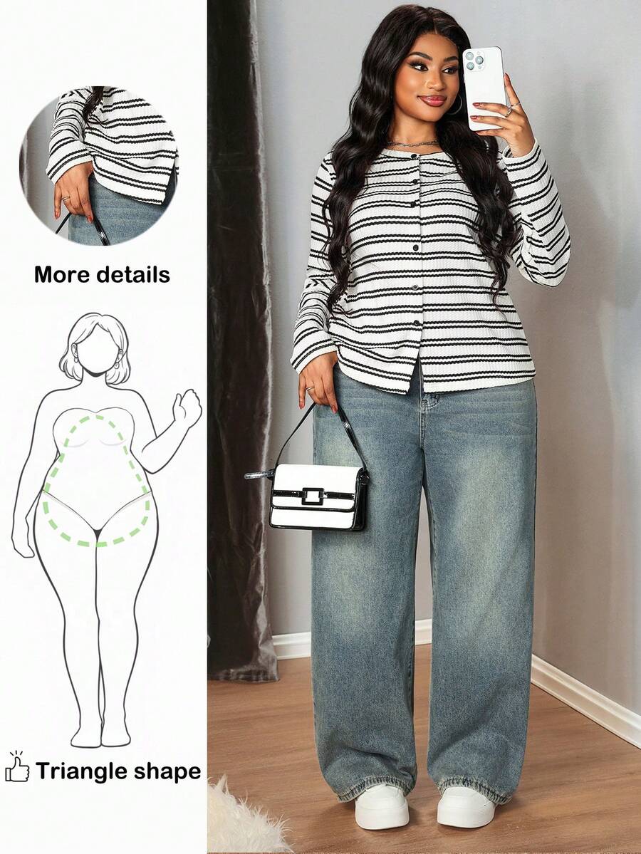 Truni Plus Size Women Striped Crew Neck Long Sleeve Single Breasted Casual T-Shirt,Fall Clothes For Women, For Pear Triangle Body Shape - Multicolor - View 1