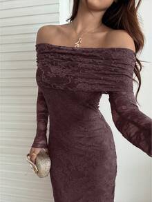 Sunnyshic Abito elegante da donna con spalle scoperte in pizzo e orlo a coda di pesce, adatto per matrimoni e feste di Natale - Caffè Marrone - Visualizzare 6