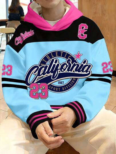 Manfinity Campus Court Moletom com capuz vintage da Califórnia, folgado e confortável, estampa esportiva unissex da Califórnia com o número 23, moletom casual unissex.