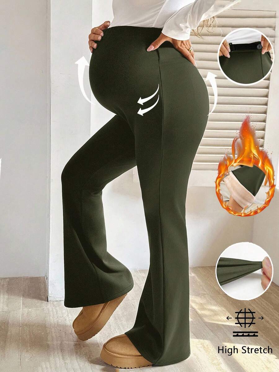 SHEIN 孕妇纯色保暖内衬时尚休闲喇叭裤 - 墨綠色 - 查看 1