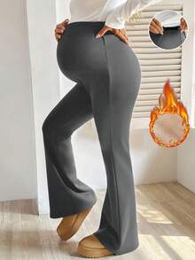 SHEIN Maternity Casual Solid Color Flared Pants With Thermal Lining, Autumn/Winter - Dark Grey - View 10