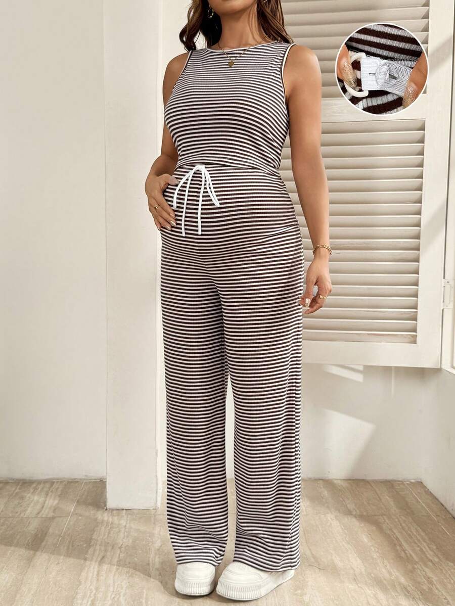 SHEIN 2件套孕妇休闲条纹吊带背心和裤子套装，夏季 - 棕色 - 查看 1