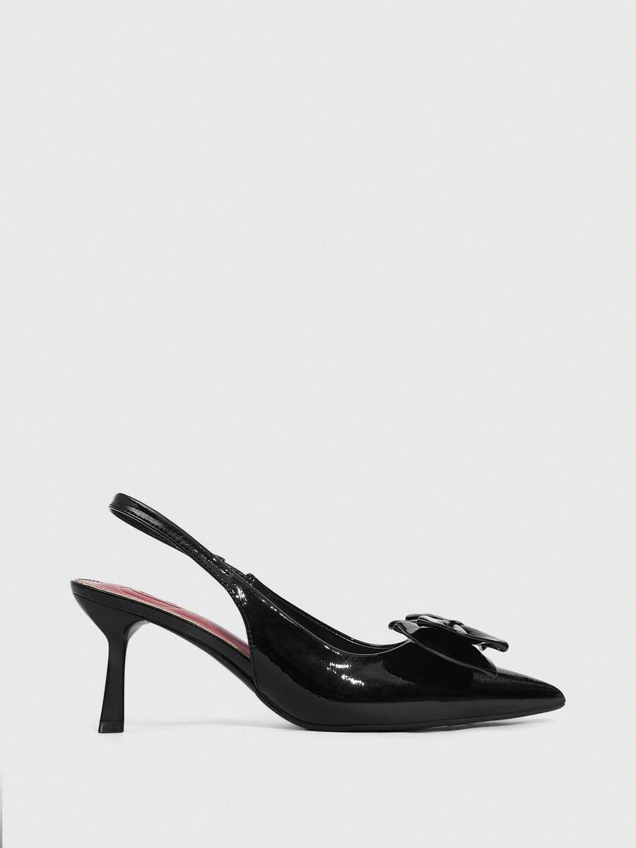 CUCCOO BIZCHIC Women's Pointed Toe High Heel Pumps, Backless With Bowknot, Sexy Metal Buckle Closure, Red Lining Spring Shoes - Black - View 1