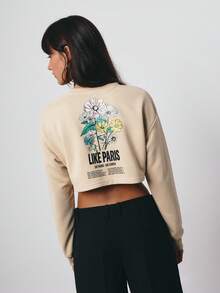 SURIMA 休闲简约印花圆领长袖宽松短款女式卫衣 - 米色 - 查看 2