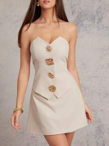 L'Amorae Women Strapless Vest Gold Asymmetrical Ornament Button Mini A-Line Dress Business Casual Old Money - Apricot - View 4