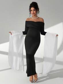 Cheriluna Maternity Elegant Maternity Photoshoot Dress, Off-Shoulder Ruched Long Sleeve Maxi Dress - Black - View 3