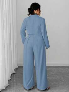 Elenzga 大码女士优雅简约商务通勤西装外套和无袖收腰阔腿连体裤两件套 - 霧霾藍 - 查看 2