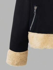 Sweetra Tween 女童休闲保暖羊毛衬里拉链立领夹克，秋冬 - 黑色 - 查看 3