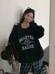 DAZY 女士休闲日常通勤时尚街头字母印花露肩蕾丝拼接宽松卫衣，春秋季 - 黑色 - 查看 1
