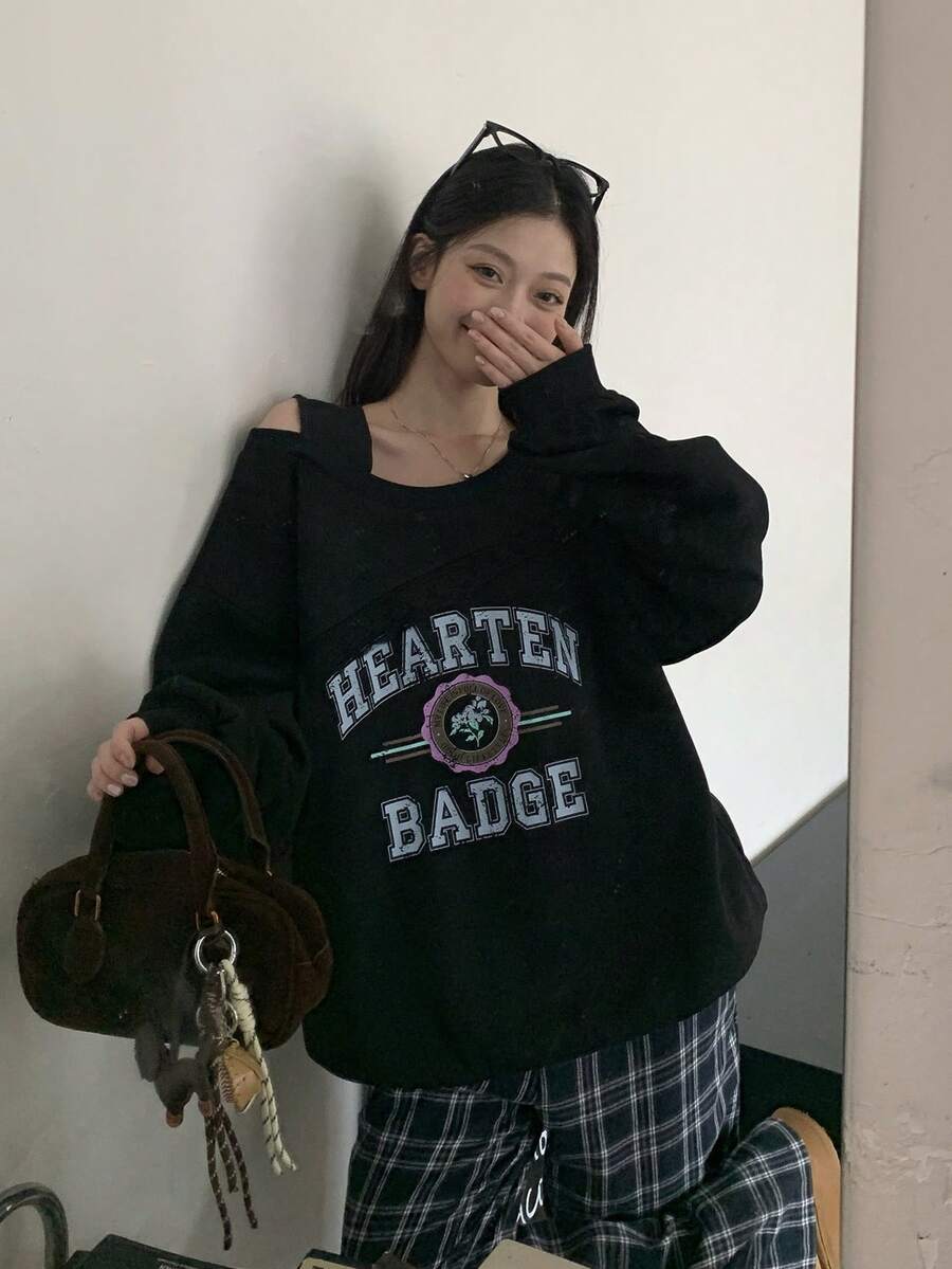 DAZY 女士休闲日常通勤时尚街头字母印花露肩蕾丝拼接宽松卫衣,春秋季 - 黑色 - 查看 1