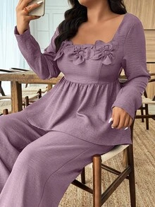 Weeklong 两件套方领荷叶边下摆花卉装饰裤装 - 紫色 - 查看 5