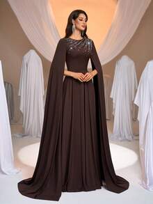Aureia Elegant Coffee Brown Stretch Satin Formal Evening Dress,Luxurious Hand-Applied Rhinestones,Round Neck,Flowing Sleeves,A-Line Silhouette With Train - Coffee Brown - View 6