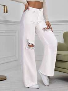 SHEIN ICON Washed Denim Blue High Waist Ripped Wide Leg Jeans - White - View 3