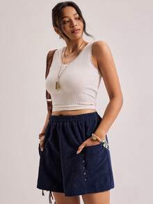 Freevana Quần short vải nhung kẻ sọc cổ điển Bohemian thường ngày có túi trang trí cho nữ, đa năng cho đầu xuân - Màu xanh hải quân - Xem 7