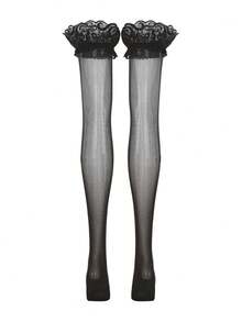 SHEIN BAE Plus Size Women Contrast Lace Sexy Lingerie Set (1 Pair Stockings) - Black - View 1