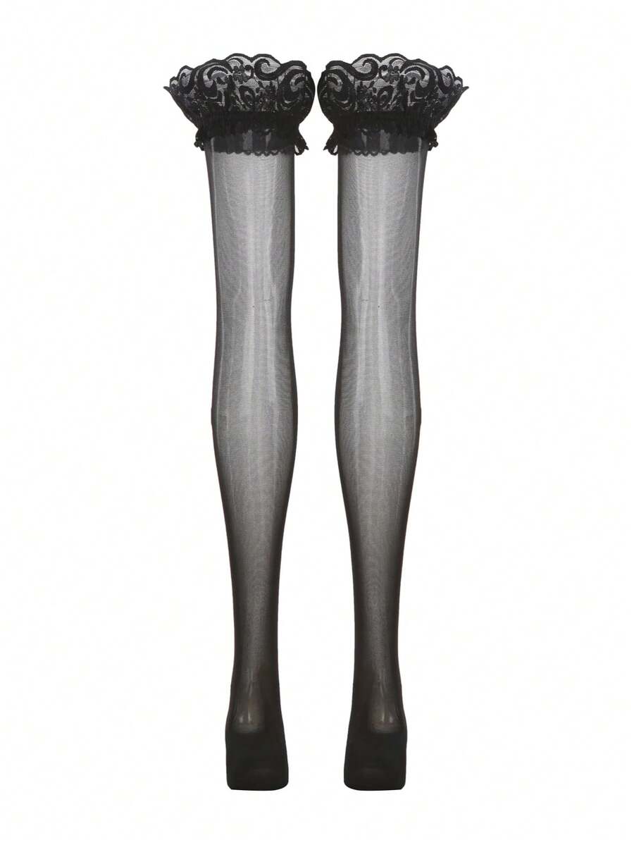 SHEIN BAE Plus Size Women Contrast Lace Sexy Lingerie Set (1 Pair Stockings) - Black - View 1