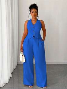 Maweii Conjunto de 2 piezas de chaleco corto y pantalón de pierna ancha de unicolor para mujer de talla grande - Neblina azul - Ver 1
