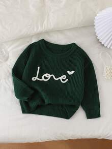 Sparklyn Suéter casual de niña con bordado de letras, otoño/invierno - Verde Oscuro - Ver 7