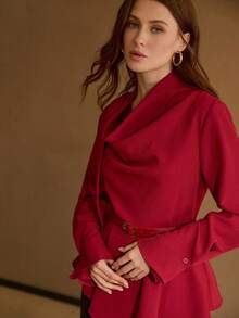 MOTF PREMIUM Áo blouse dài tay cổ tròn viền bất đối xứng dành cho nữ có thắt lưng - Đỏ - Xem 5