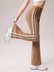 SHEIN Tween Girls Brown Stripe Sports Flare Pants,High Stretch & Skin-Friendly Fabric Athletic Summer Pilates Yoga,Cycling,Jogging,Fitness,Walking Tapered - Coffee Brown - View 5