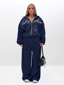 BABYPHAT Relaxed Baggy Sweatpants With Logo Embroidery Wide Leg Loungewear Joggers High Waisted Casual Comfort Pants - Navy Blue - View 3