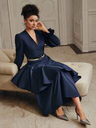 Anewsta Elegant Women's Ruffle Splice Deep V Neck Sheath Dress, Stylish Professional Commuter Outfit