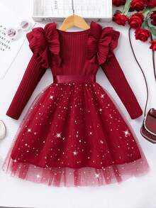 女童可爱圆领罗纹荷叶边长袖拼接波点网纱薄纱派对连衣裙，配腰带，圣诞派对连衣裙 - 酒紅色 - 查看 2