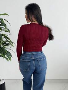 MDEdit Black Elegant Round Neck Metal Button Bell Sleeve T-Shirt, Autumn T-Shirt, Layer T-Shirt, Long Sleeve T-Shirt, Sexy Black Top, Costume For Women - Burgundy - View 2
