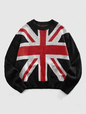 Street Life Herren Pullover mit Nationaler Flaggen Musterung, Rundhalsausschnitt, Langarm