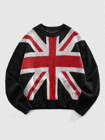 Street Life Suéter de cuello redondo de manga larga con estampado de bandera nacional para hombre