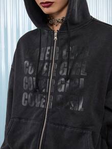 COUREZ Áo hoodie đen in khẩu hiệu có khóa kéo phía trước cỡ lớn/Quần áo mùa đông Y2K dành cho nữ Áo nỉ dành cho nữ Áo hoodie dành cho nữ Gợi cảm Rave Coy - màu đen - Xem 7