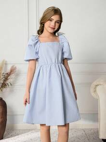 Girls' Square Neck Puff Sleeve A-Line Dress With Bowknot Decor, Textured Fabric, Elegant & For Christmas Party