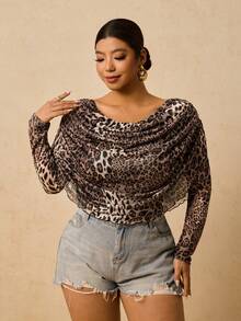 Travachic Camiseta de manga larga con cuello drapeado y estampado de leopardo para mujer de talla grande, elegante y ajustada con estampado elástico para viajes, invierno, playa, vacaciones, resort y fiestas - Caqui - Ver 1