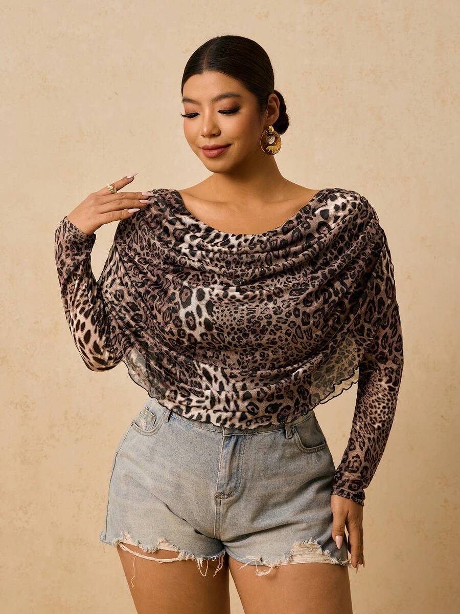 Travachic Camiseta de manga larga con cuello drapeado y estampado de leopardo para mujer de talla grande, elegante y ajustada con estampado elástico para viajes, invierno, playa, vacaciones, resort y fiestas - Caqui - Ver 1