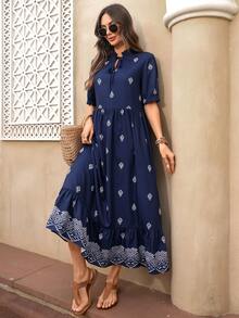 EMERY ROSE 女士几何印花连衣裙，休闲假日风 - 藍色 - 查看 7