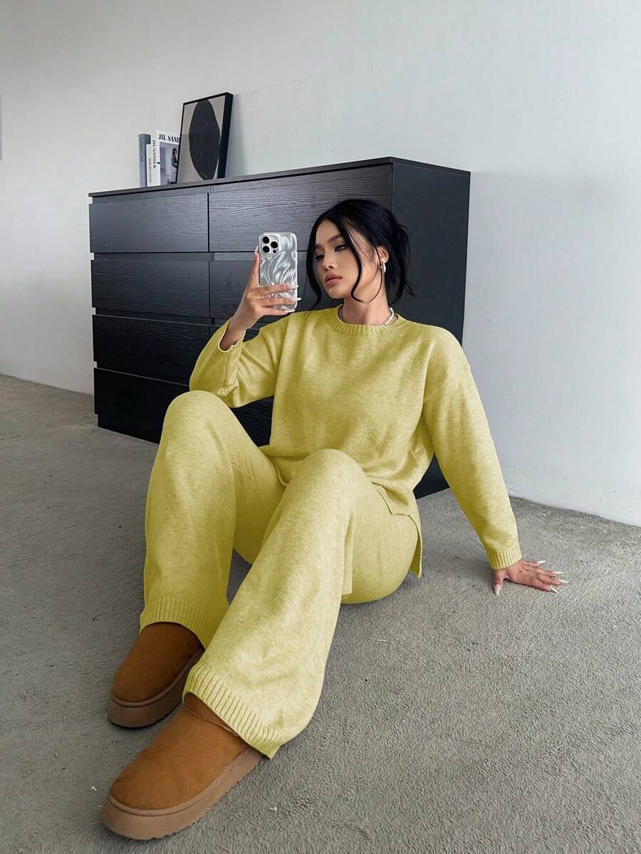 POPSWAY Soft & Flattering Versatile Casual Wide Leg Pants & Long Sleeve Knit Set - Light Yellow - View 1