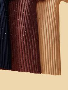 Anewsta Burgundy, Navy Blue, Khaki Short Sleeve Round Neck Mesh Splice Ribbed Knit Sequin Embellished Fashionable Versatile Slim Fit Elegant Commuting Summer New Knit Top - Multicolor - View 5