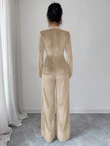 Elenzga 新款优雅V领扭腰长袖上衣和喇叭裤套装 - 杏色 - 查看 2