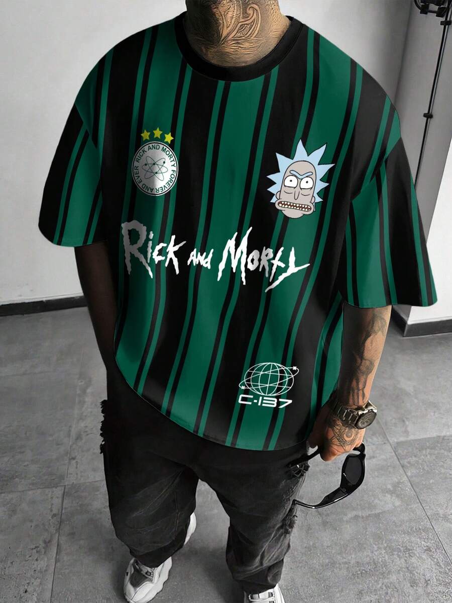 Rick and Morty X SHEIN Áo thun nam cổ tròn tay ngắn họa tiết hoạt hình và chữ Colorblock thường ngày, mùa hè - trắng - Xem 1