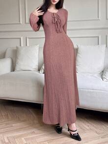 Modelyn 女士优雅通勤纯色喇叭袖连衣裙 - 粉色 - 查看 4